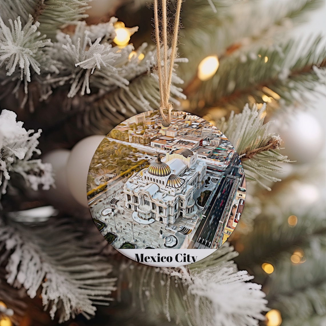 Mexico City Bellas Artes Palace Aerial Round Christmas Ornament Print