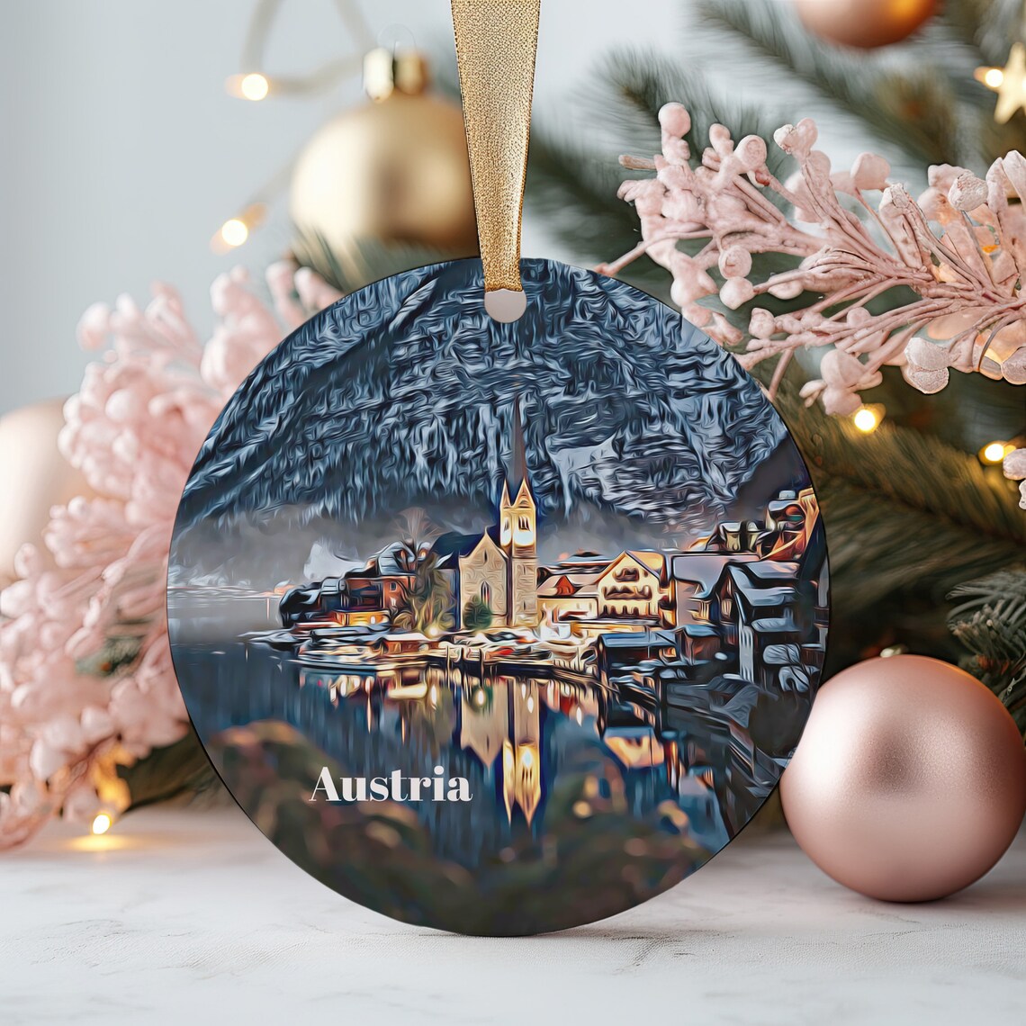 Austria Hallstatt Lakeside Village Winter Evening Travel Ornament Poster