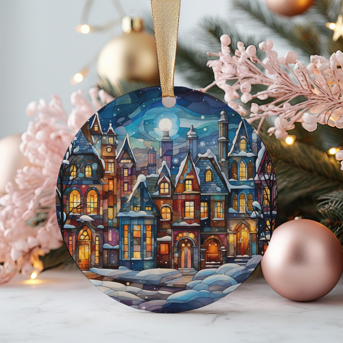 Stained Glass Snowy Village Round Christmas Ornament Art Poster