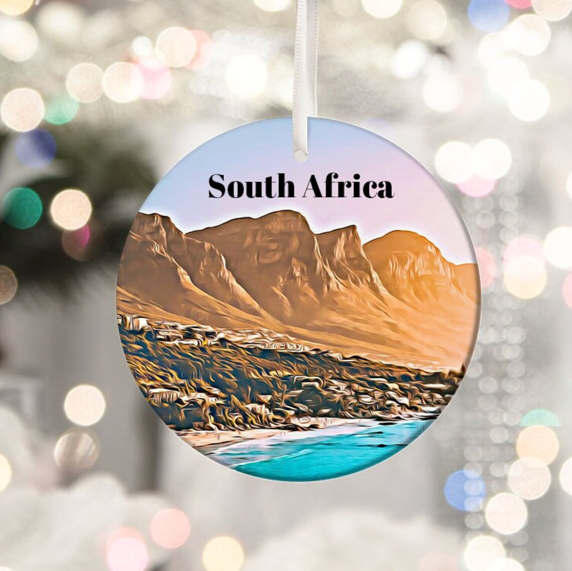 South Africa Table Mountain Coast Watercolor Round Ornament Poster
