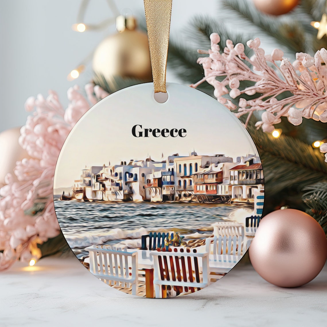 Greece Whitewashed Coastal Town Harbor Round Ornament Wall Art