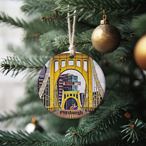 Pittsburgh Yellow Bridge Landmark Cityscape Round Ornament Wall Art