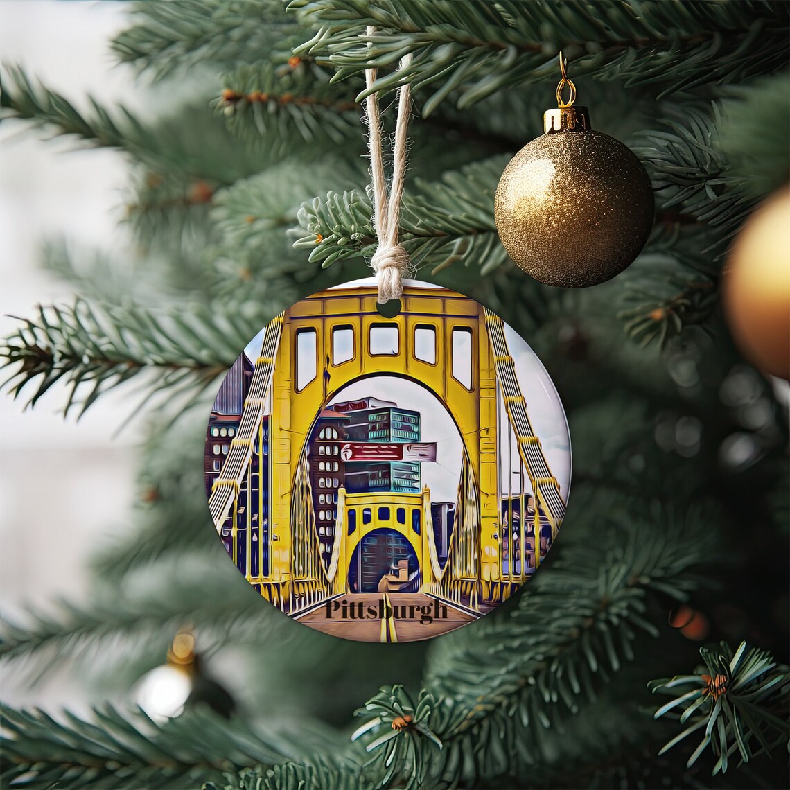 Pittsburgh Yellow Bridge Landmark Cityscape Round Ornament Wall Art