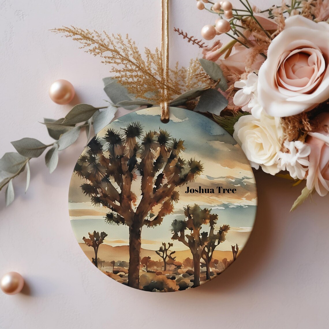 Joshua Tree Desert Watercolor Round Christmas Ornament Print