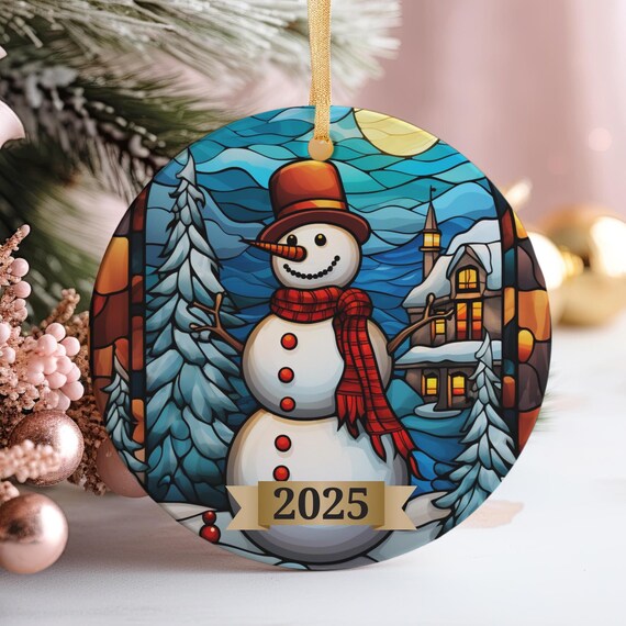 Stained Glass 2025 Snowman Christmas Ornament Red Scarf Winter Art Print