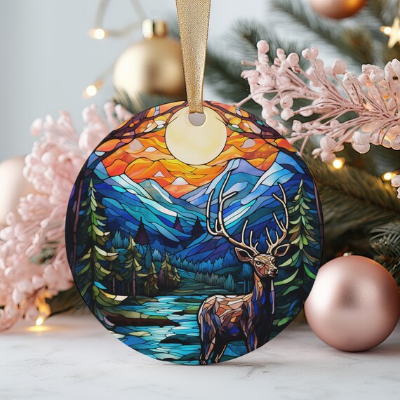 Stained Glass Deer Round Christmas Ornament with Mountain Sunset Print