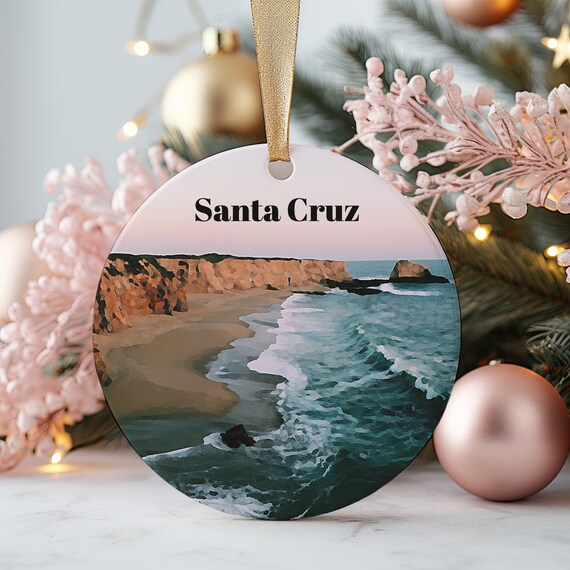 Santa Cruz Coastal Cliff Beach Sunset Round Christmas Ornament Art Print