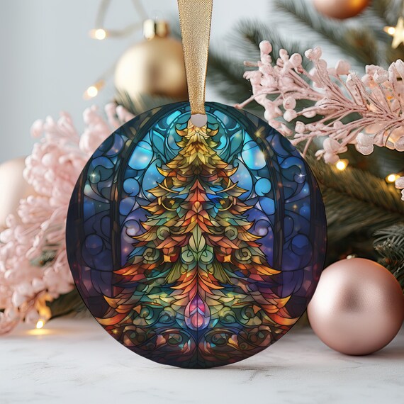 Stained Glass Christmas Tree Round Ornament Art Print in Jewel Tones