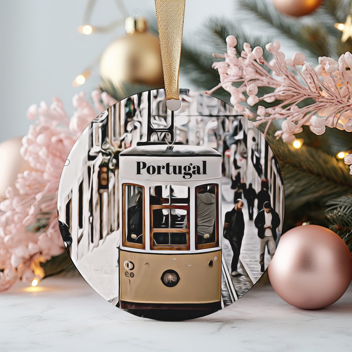 Portugal Lisbon Tram Historic Street Round Ornament Travel Poster