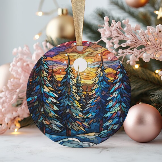 Stained Glass Pine Forest Sunset Round Christmas Ornament Art Poster