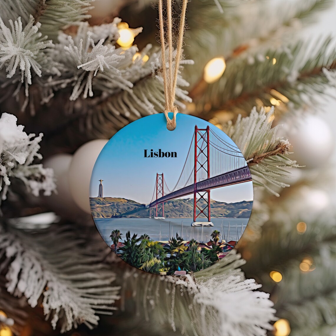 Lisbon Portugal 25 de Abril Bridge Christmas Ornament Art Print