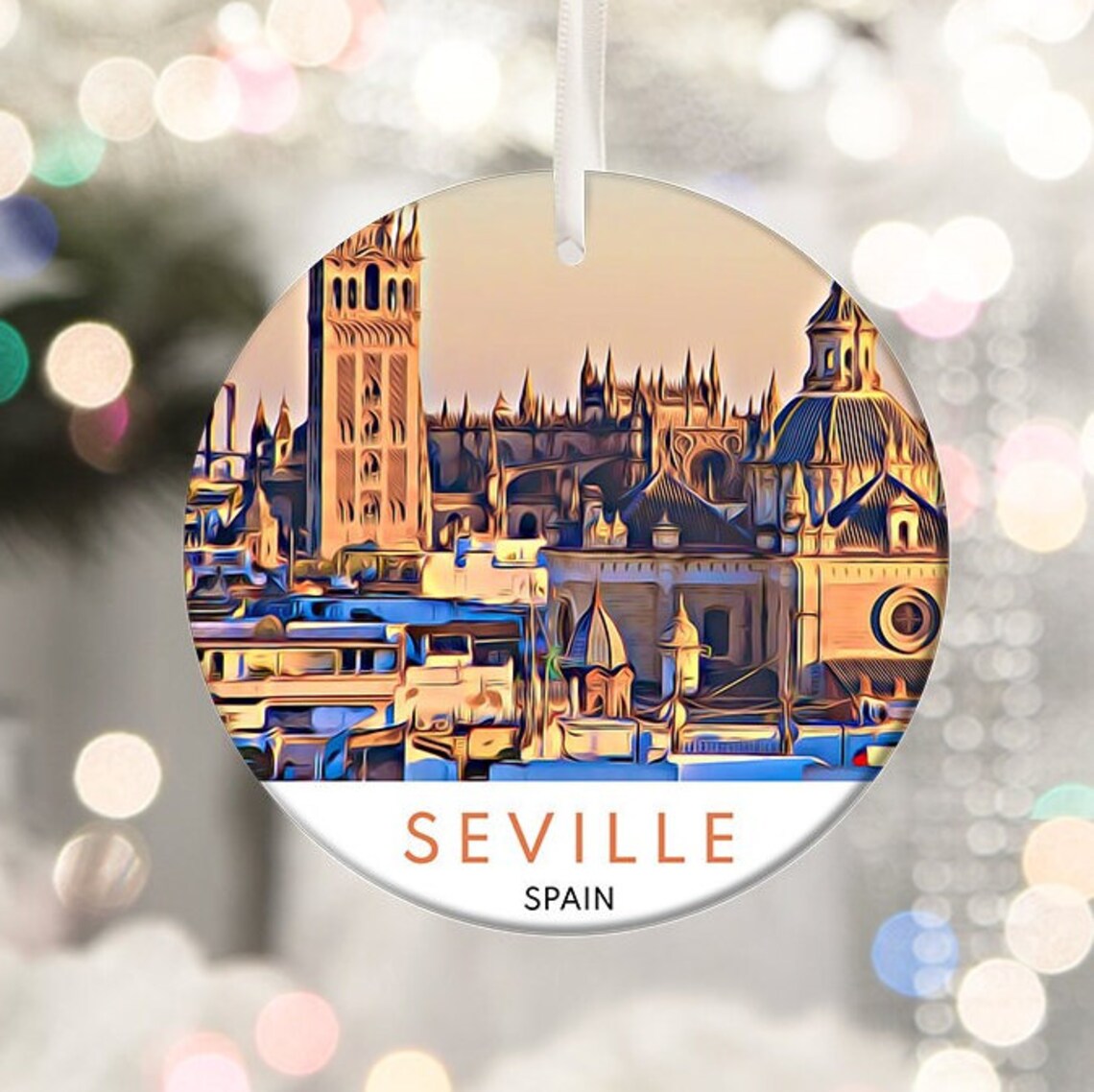 Seville Spain Cathedral Skyline Giralda Christmas Ornament Print
