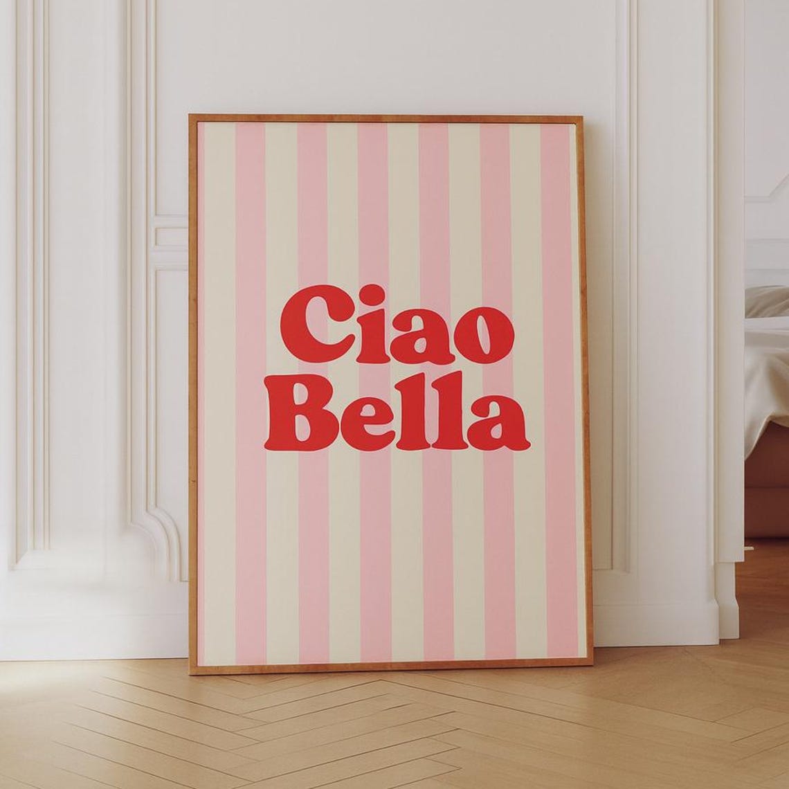 Ciao Bella Retro Italian Greeting Pink Stripes Kitchen Poster