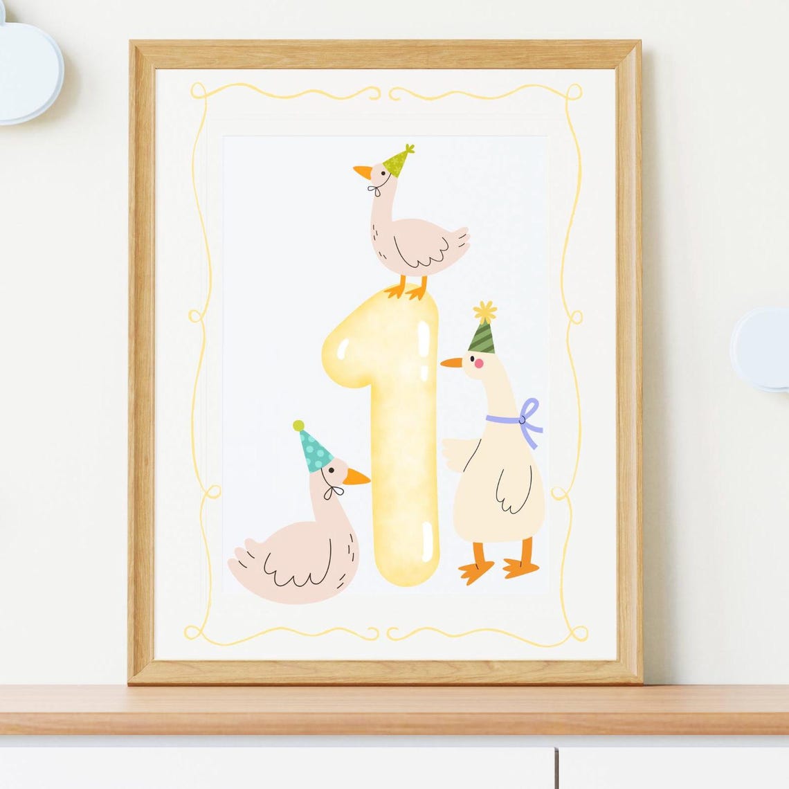 First Birthday Geese With Party Hats Number One Celebration Print