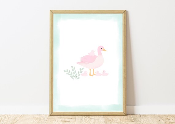 Pink Mama Goose Goslings Watercolor Pastel Nursery Art Poster