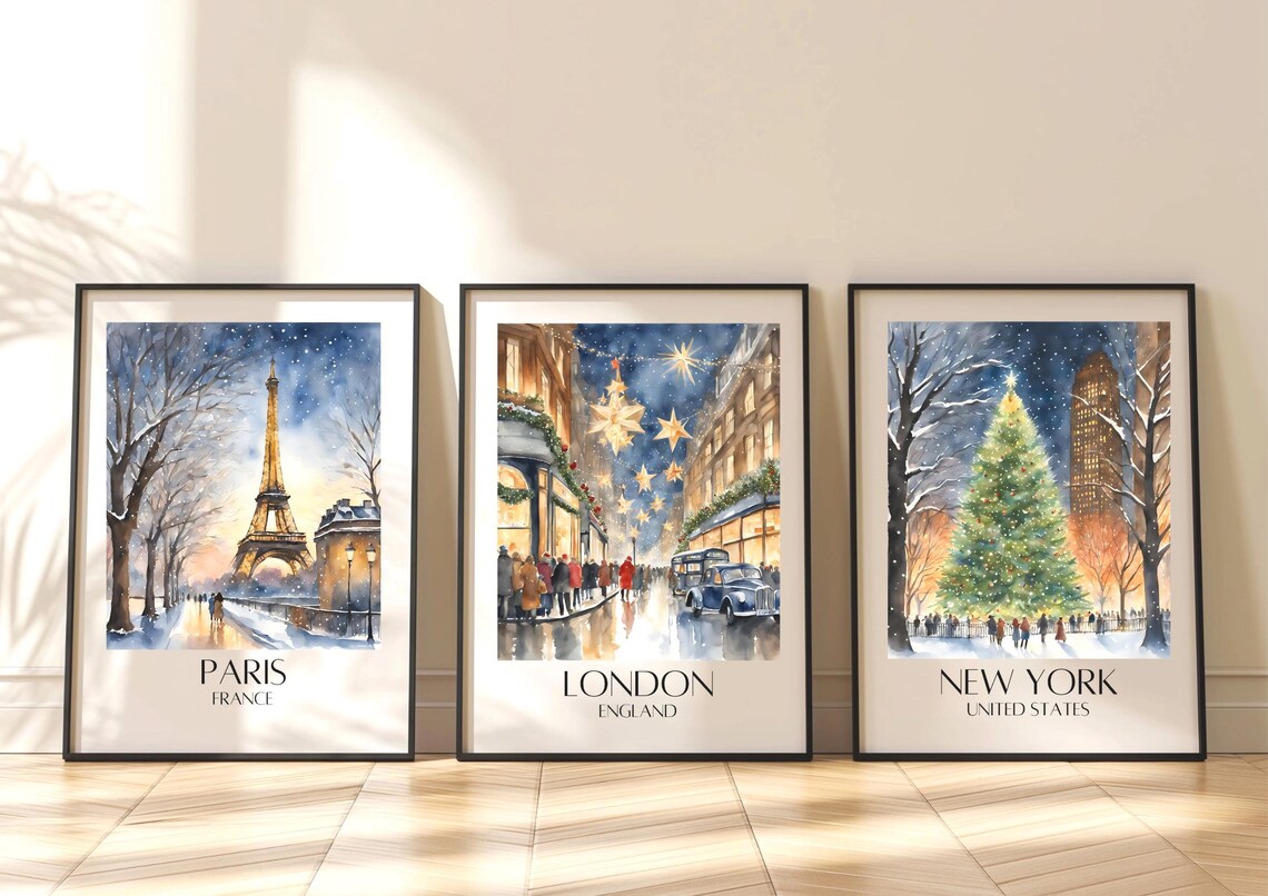 Christmas Cities Winter Watercolor Poster Print