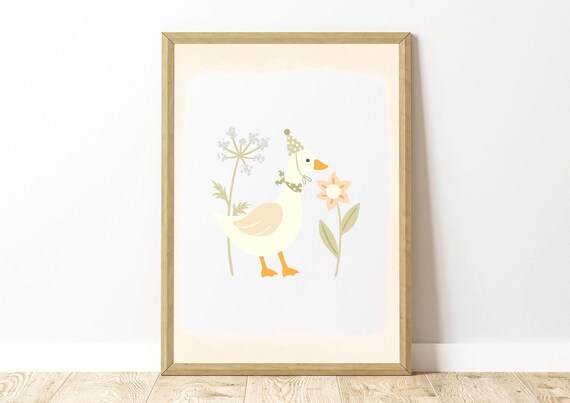 Cute Goose In Floral Bonnet Sweet Pastel Nursery Kids Art Poster