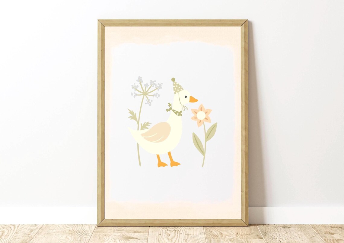 Cute Goose In Floral Bonnet Sweet Pastel Nursery Kids Art Poster