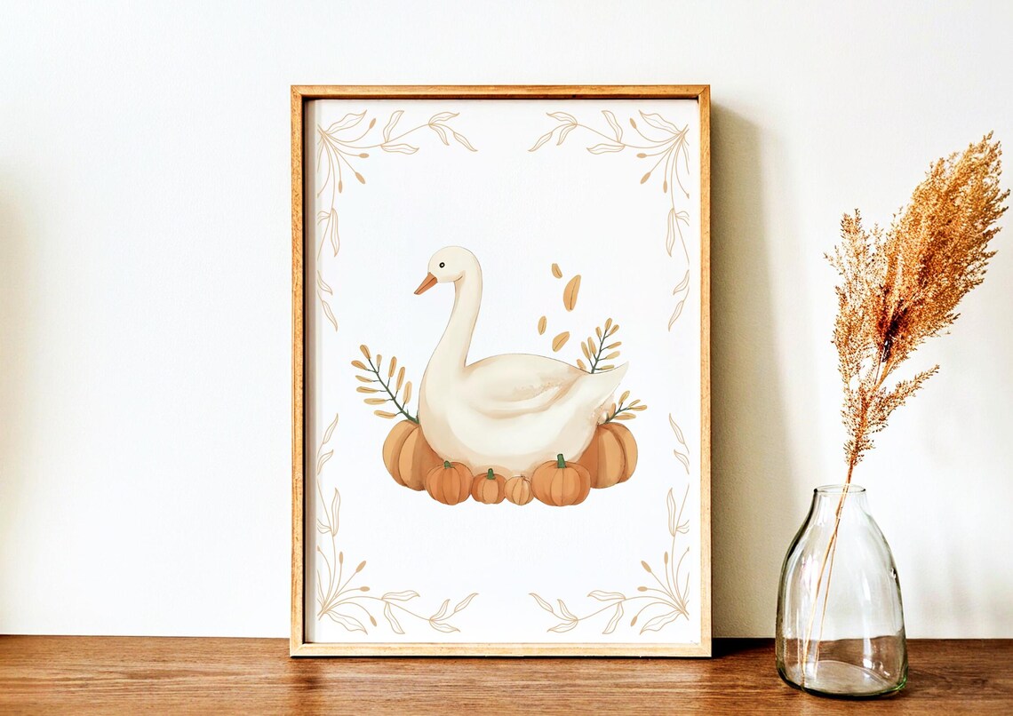 Sweet White Goose With Pumpkins Fall Watercolor Autumn Poster