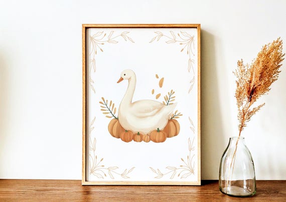 Goose Wall Art Fall Season Print Pumpkin Watercolor Cottage Core Decor Pastel Autumn Home Decoration Kitchen