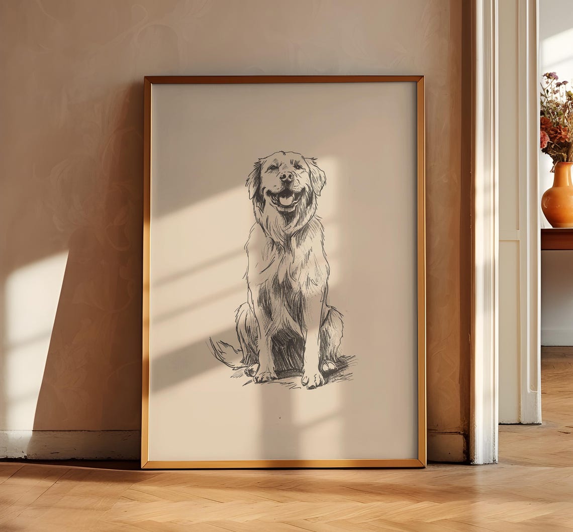 Golden Retriever Poster Dog Vintage Print Smiling Dog Wall Art Antique Vintage Painting Country Wall Art Dog Drawing Farmhouse Print - Image 3
