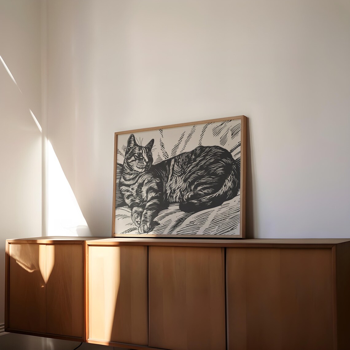 Lounging Tabby Cat Woodcut Style Vintage Pet Portrait Poster - Image 3