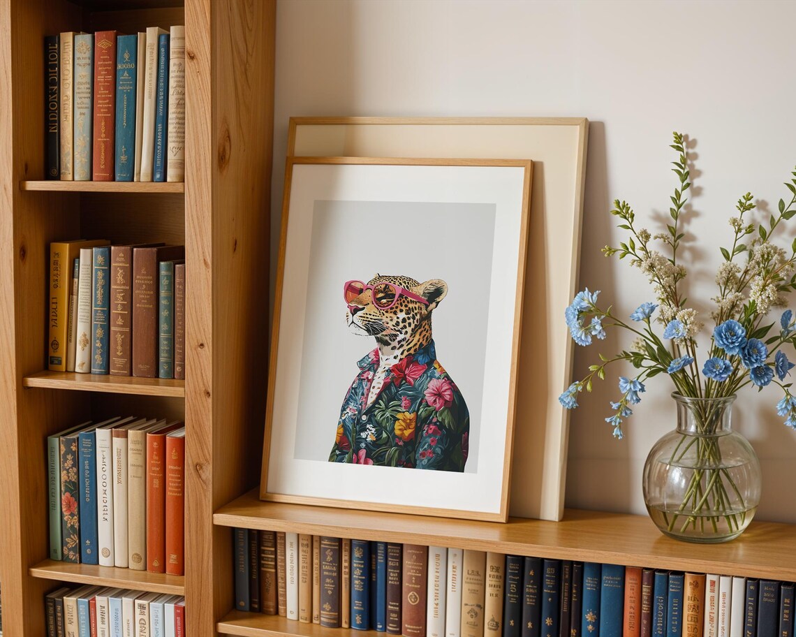 Chic Leopard In Pink Sunglasses Wearing Floral Shirt Animal Poster - Image 2