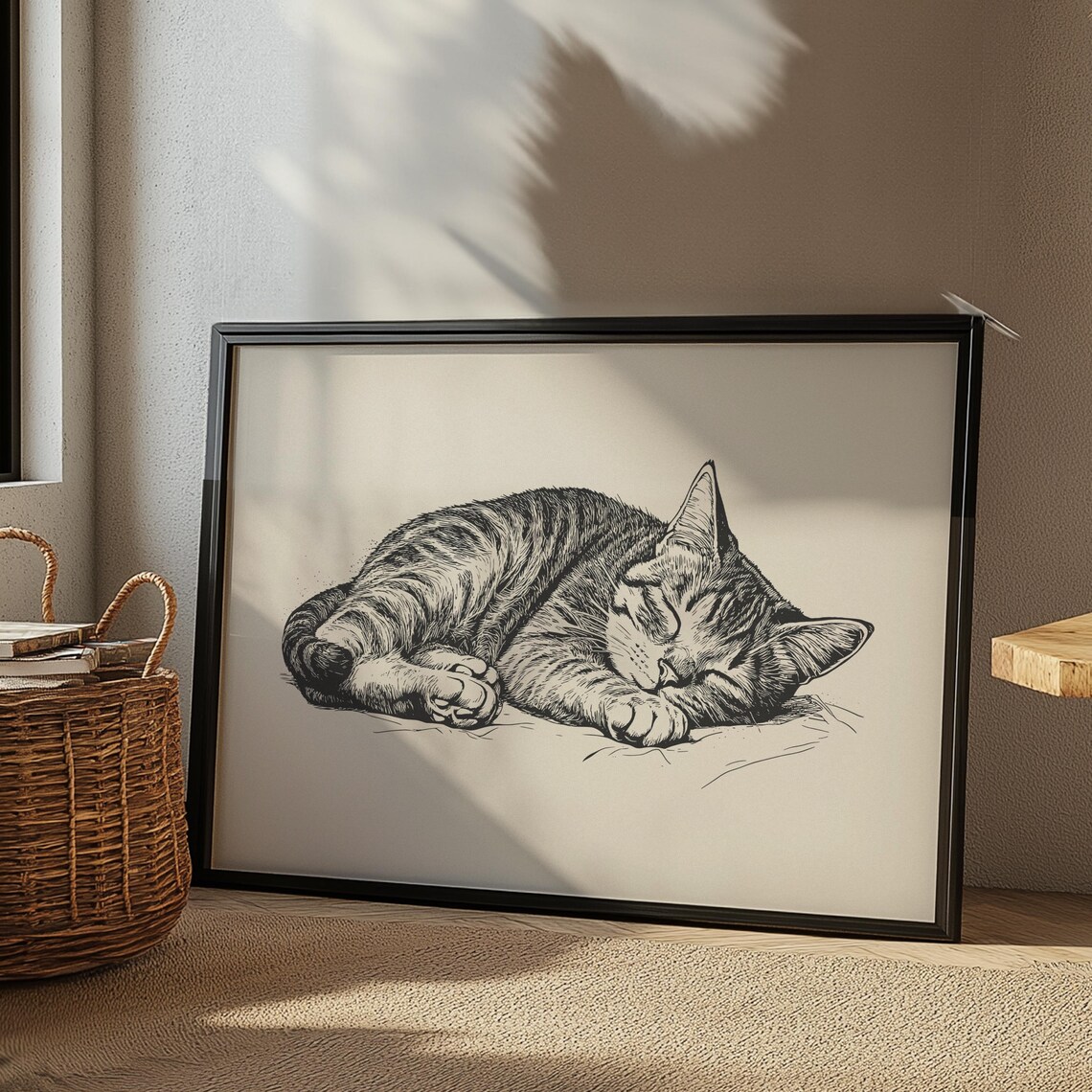 Sleeping Tabby Cat Curled Up Tight Detailed Ink Drawing Poster - Image 3