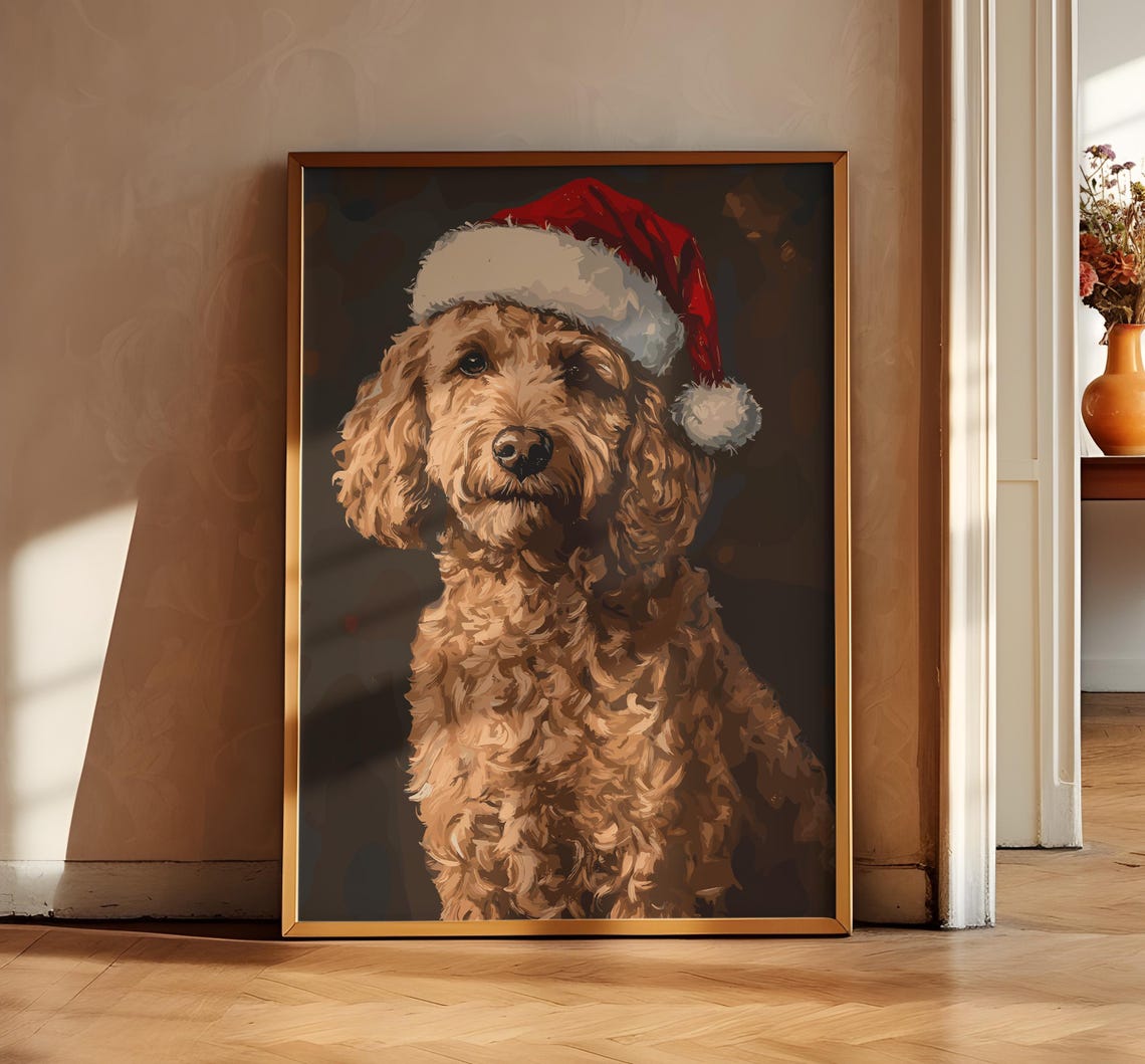 Goldendoodle Christmas Art Christmas Dog Santa Dog Print Vintage Dog Print Christmas Pet Goldendoodle Painting Vintage Christmas Print - Image 2