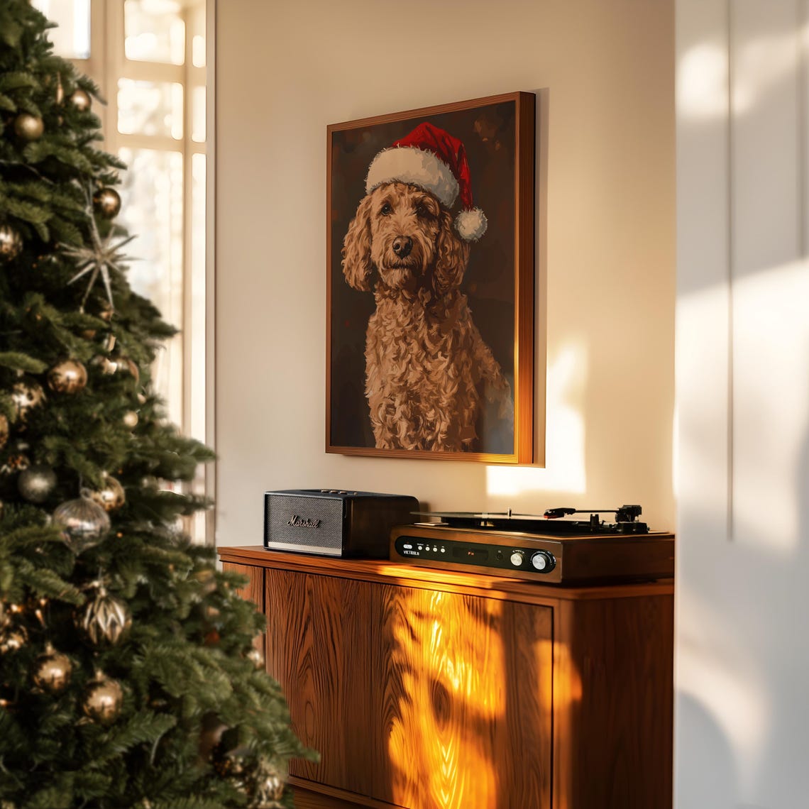 Goldendoodle Christmas Art Christmas Dog Santa Dog Print Vintage Dog Print Christmas Pet Goldendoodle Painting Vintage Christmas Print - Image 3