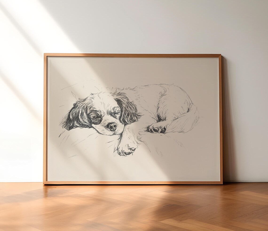 Nursery Cavalier King Vintage Poster Girls Room Decor Sleeping Dog Wall Art Boys Room Drawing Baby Nursery Print Dog Sketch Painting - Image 2