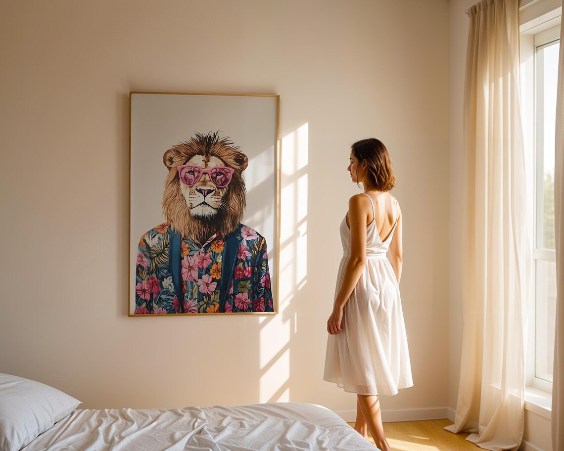 Playful Lion In Pink Sunglasses Wearing Floral Shirt Animal Poster - Image 3