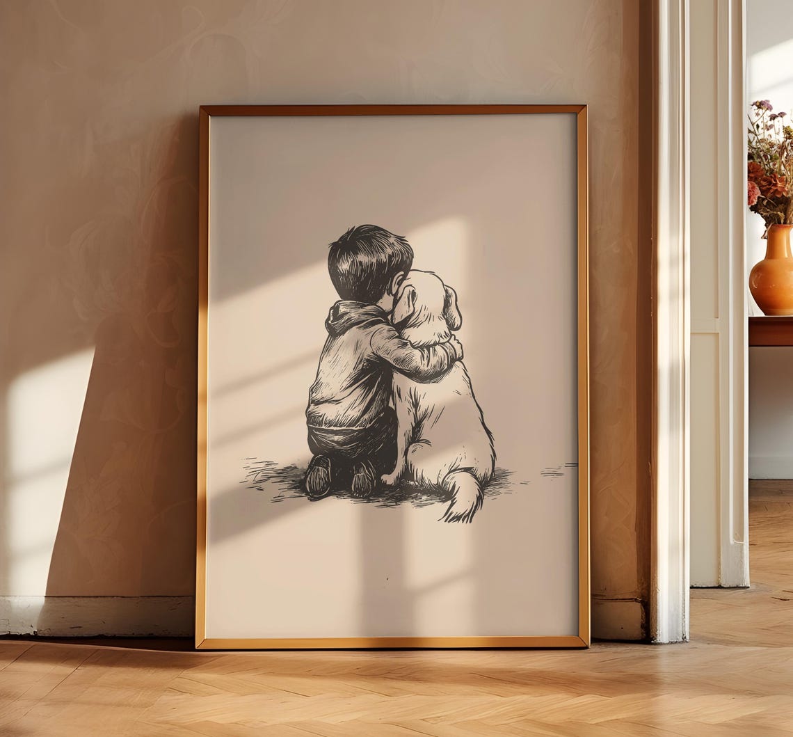 Vintage Nursery Print Boy And A Dog Print Dog Wall Art Antique Vintage Painting Farmhouse Decor Country Art Dog Drawing Dog Wall Art - Image 2