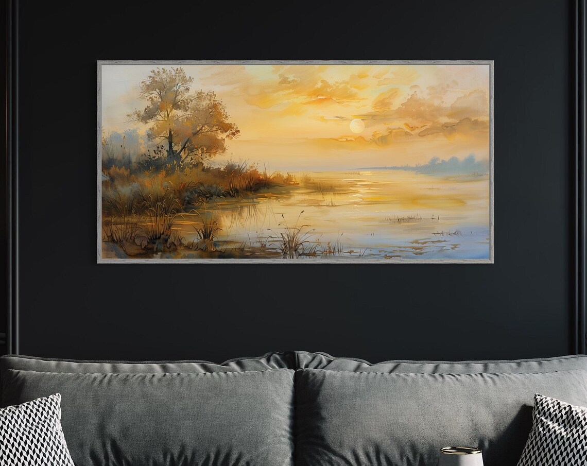 Autumn Sunrise Misty Lakeside Reeds Golden Watercolor Art Poster