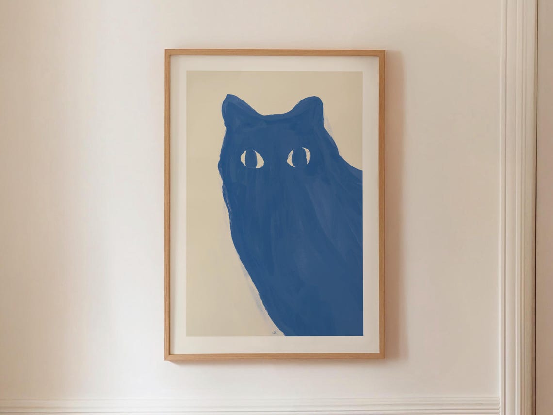 Curious Blue Cat Gouache Portrait Modern Playful Feline Art Poster