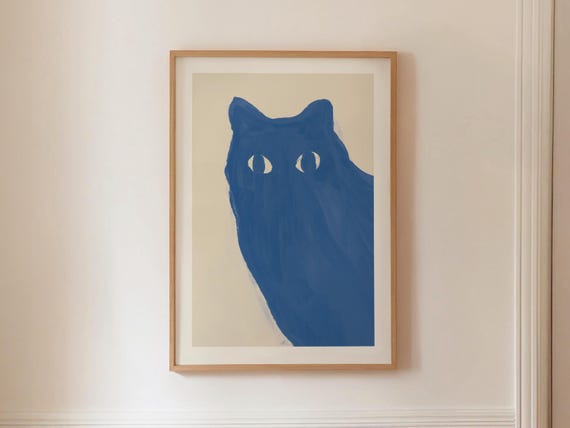 Curious Blue Cat Animal Fine Art Print Minimalist Painting Colorful Gallery Wall Contemporary Abstract Sketch Digital Printable Download
