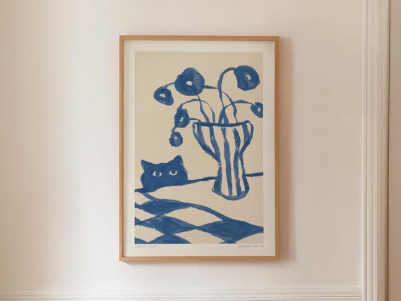 Sneaky Cat 02 Painting By Iambuni Studio Blue Kitchen Print Abstract Flower Vase Scandi Animal Sketch Digital Printable Wall Art