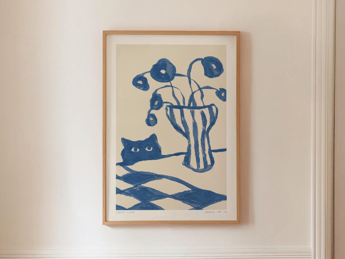 Sneaky Cat 02 Painting By Iambuni Studio Blue Kitchen Print Abstract Flower Vase Scandi Animal Sketch Digital Printable Wall Art