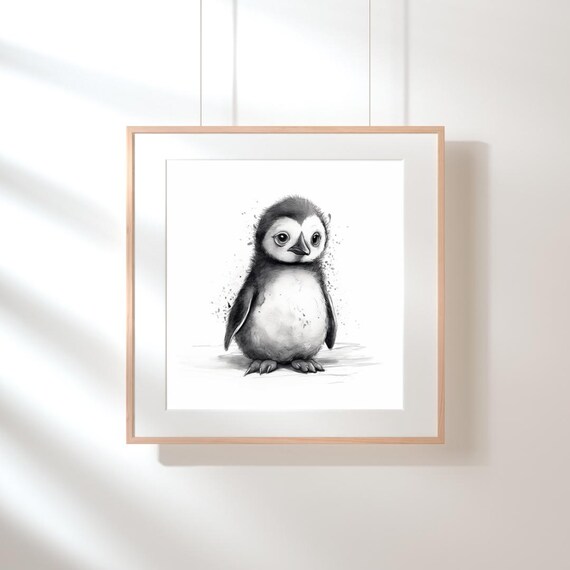 Sweet Baby Penguin Black White Watercolor Animal Nursery Art Poster