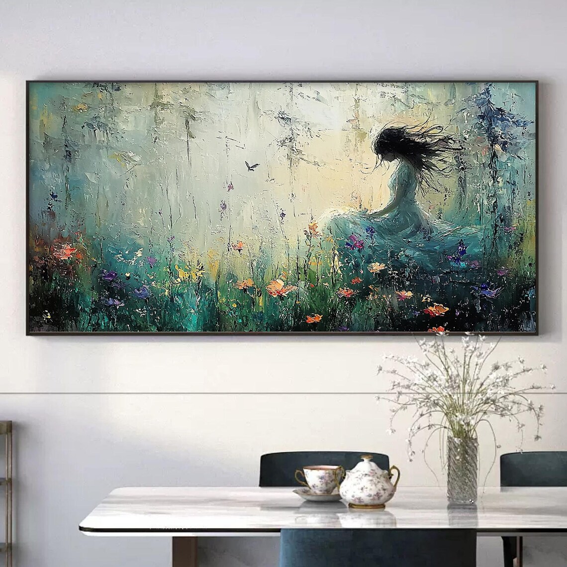 Dreamy Woman in Teal Gown Among Wildflowers and Butterfly Poster