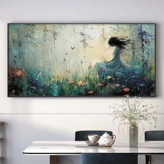 Original Dreamy Girl Oil Painting On Abstract Flowers And Butterflies Art Boho Wall Dcor Large Custom Painting Living Room Decor