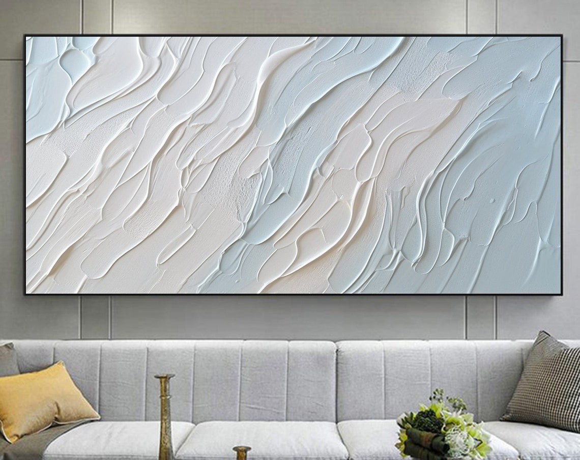 White Blue Diagonal Wave Texture Modern Abstract Painting Poster