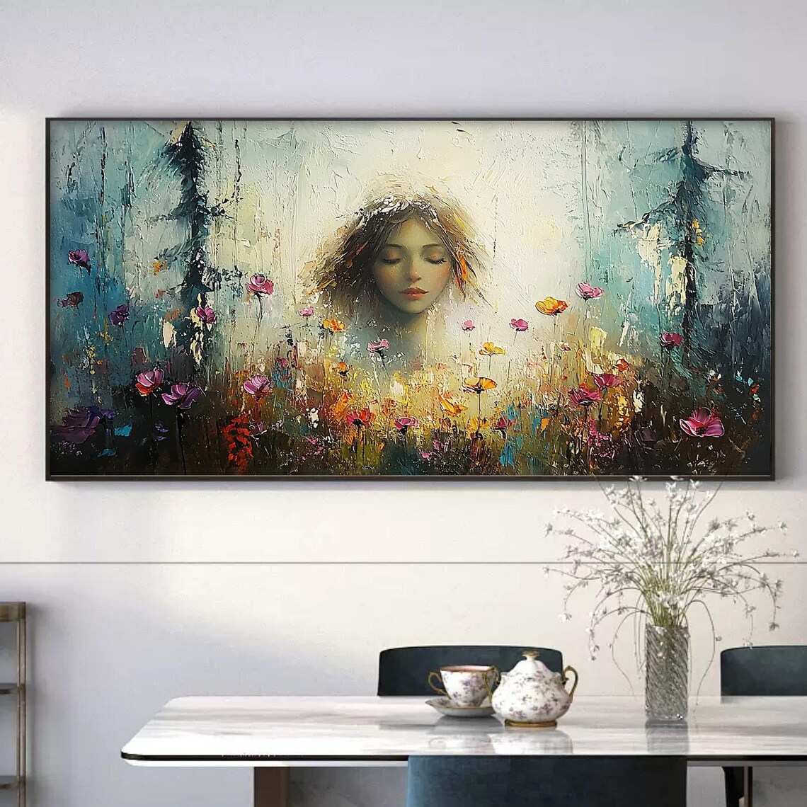 Serene Closed-Eyed Woman Face in a Dreamy Wildflower Field Poster