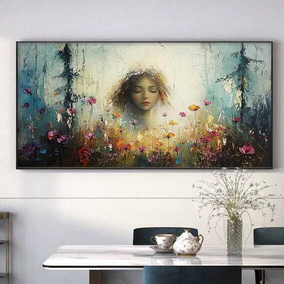 Large Original Colorful Forest Painting On Dreamy Girl Natural Scenery Art Living Room Wall Art Boho Modern Trendy Home Decor