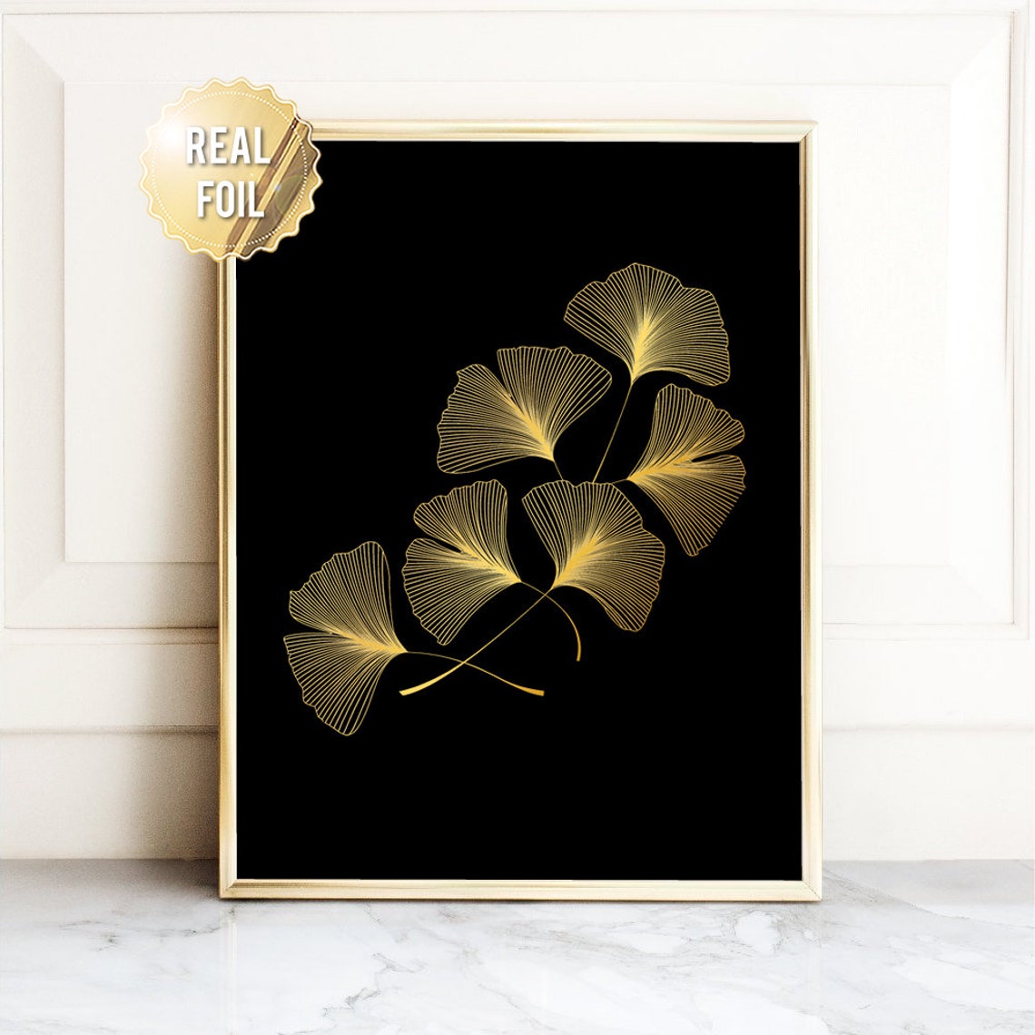 Gold Ginkgo Leaf Botanical Line Art Dramatic Black Background Poster