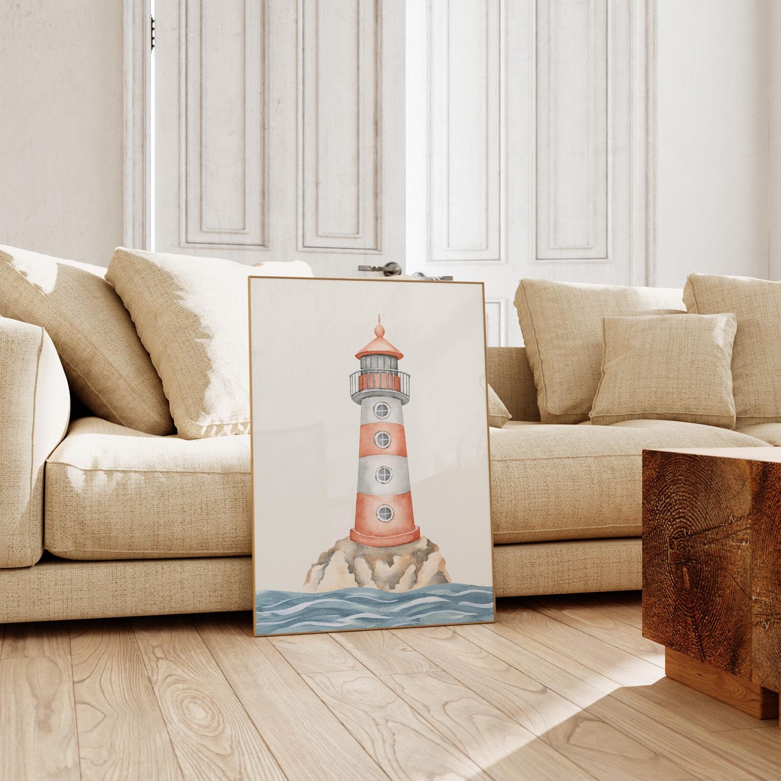 Red and White Striped Lighthouse on Rocky Shore Watercolor Art Poster - Image 4