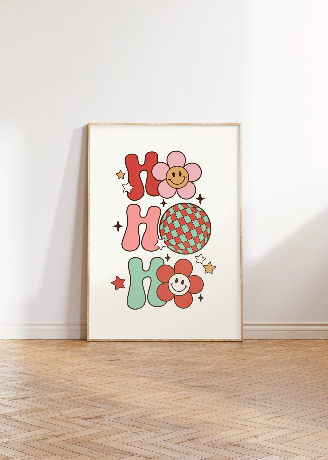 Ho Ho Ho Groovy Smiley Daisies Disco Ball Retro Holiday Poster - Image 3
