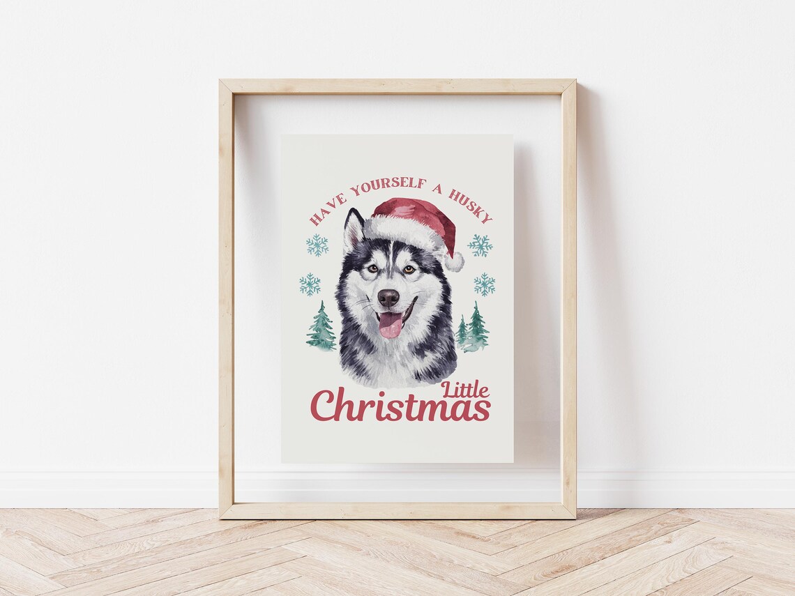 Have Yourself A Husky Little Christmas Santa Hat Dog Art Poster - Image 2