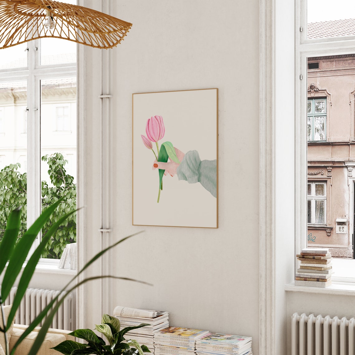 Hand Offering Two Pink Tulips Watercolor Spring Flower Poster - Image 2