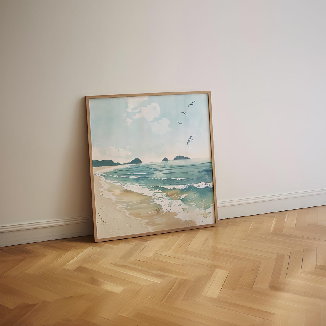 Soft Neutral Beach Shoreline With Distant Islands Watercolor Poster - Image 2